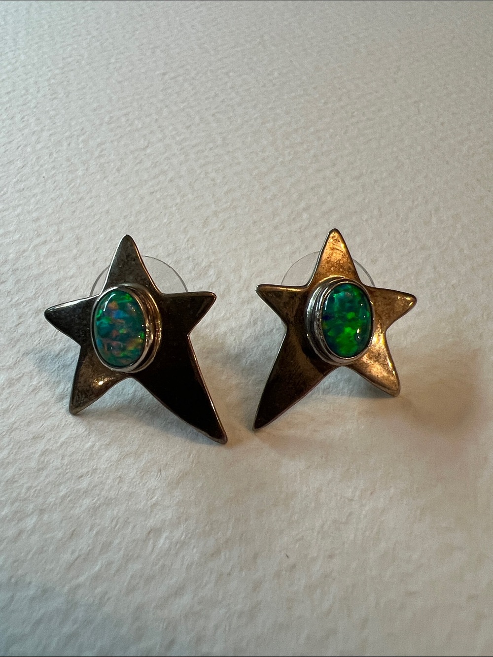 Sterling Silver Star Earrings with Green Opal Accent